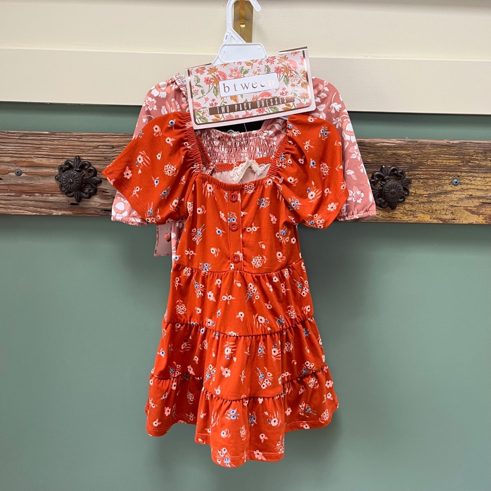 Btween 2 Pack Floral Tiered Dresses Toddler Girls 2T Orange‎ Pink Smocked NWT